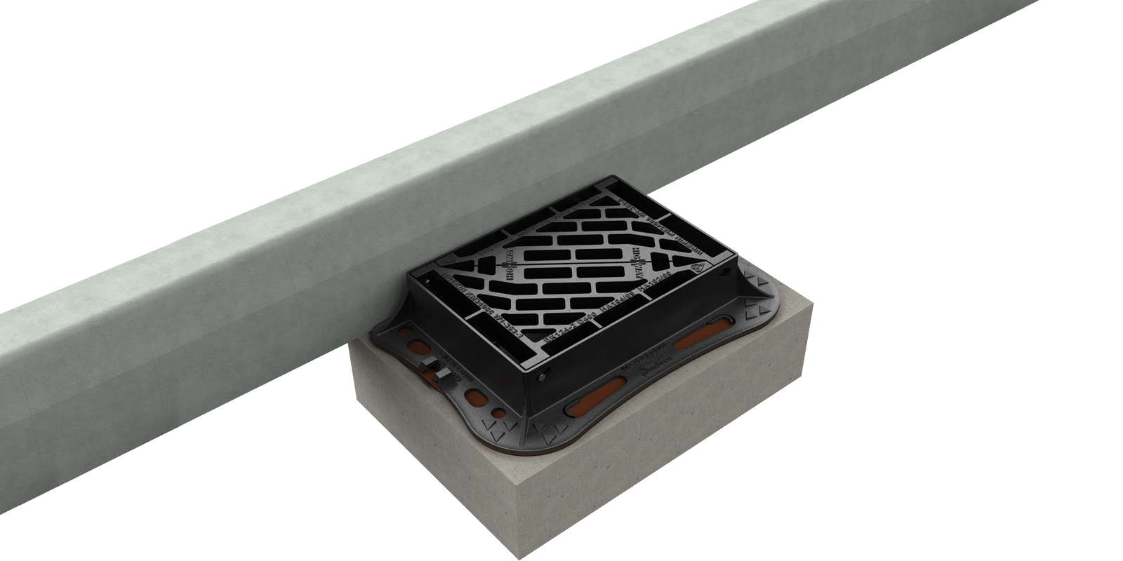  Final in-situ Gully Grating and Gully Chute Connector assembly (road construction and bedding enveloping of flange hidden for clarity).