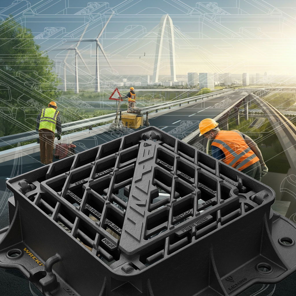 A Unite gully grating overlaid on a image of road workers working on a overpass