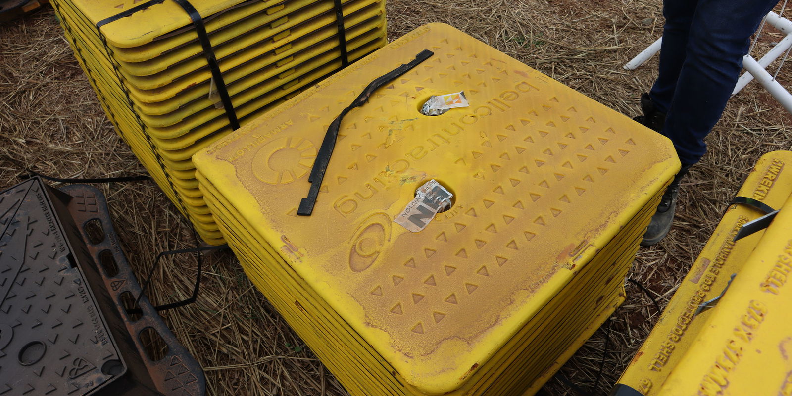 Bespoke Armadillo Manhole Protector Shells stacked on site