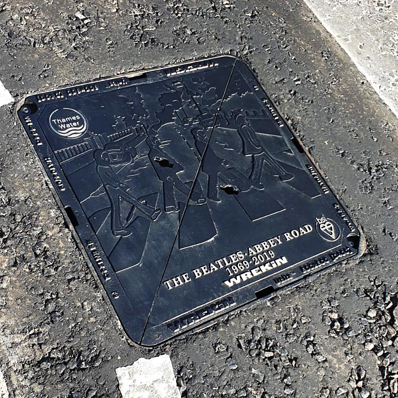 Abbey Road custom manhole cover close up