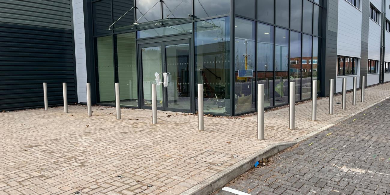Bespoke steel bollards installed outside office building