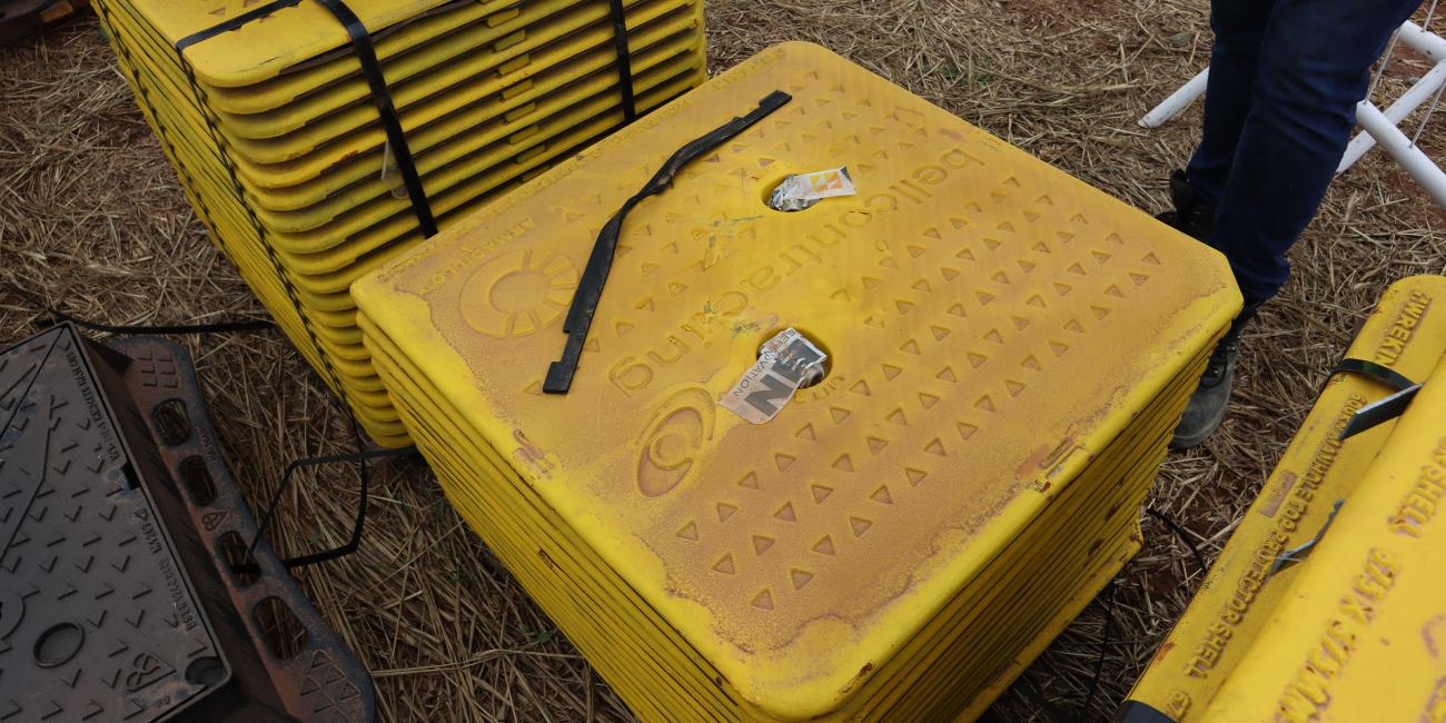 Bespoke Armadillo Manhole Protector Shells stacked on site