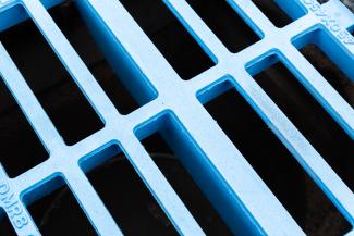 Wrekin Tristar gully grating painted blue for The Sea Starts Here awareness campaign