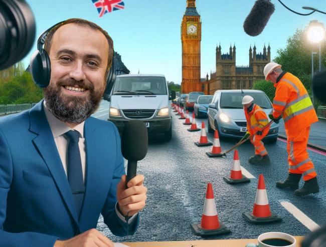 A man talking into a microphone with road works happening behind him on a road